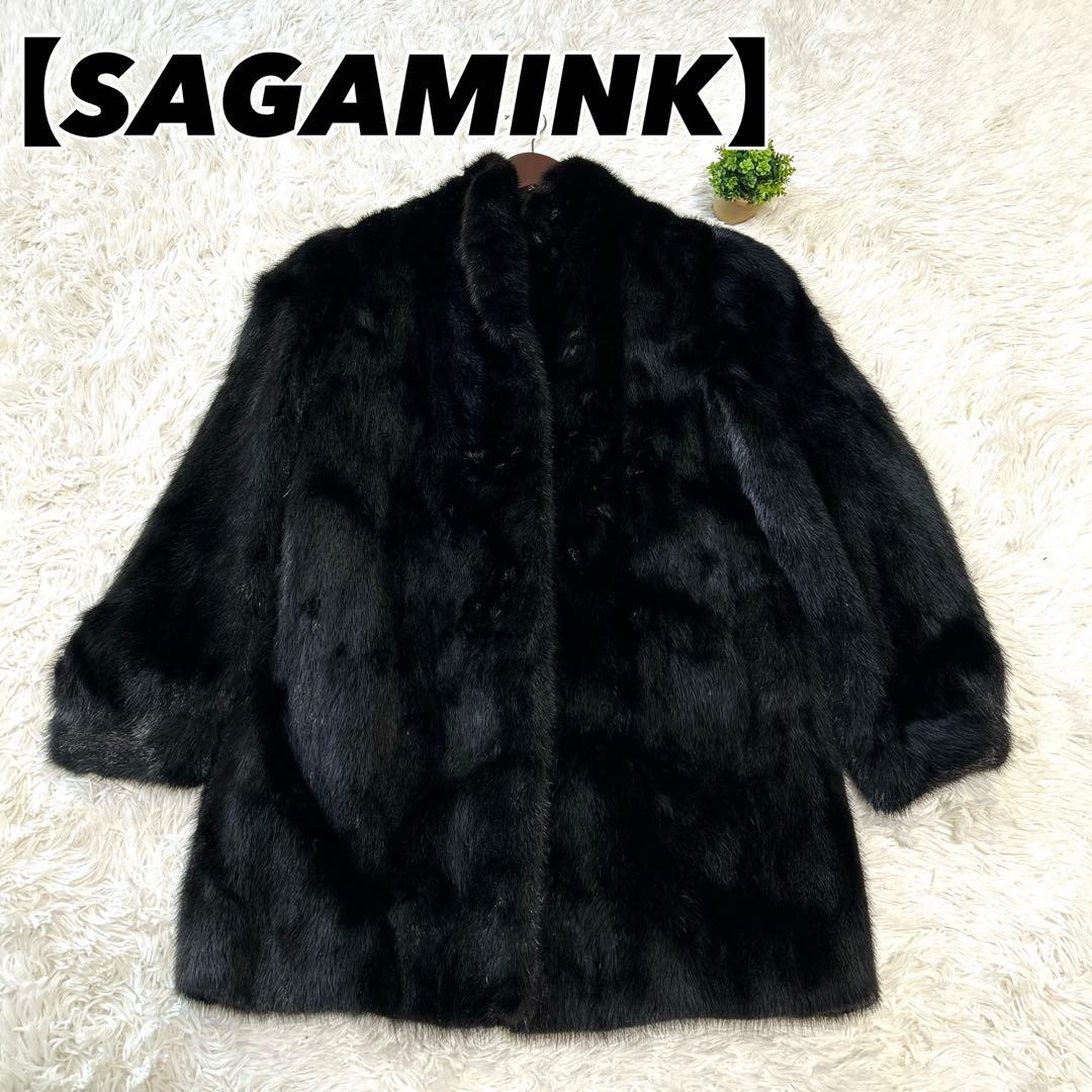 【SAGAMINK サガミンク】ファーコート（フリー）花刺繍　ブラック　銀タグ