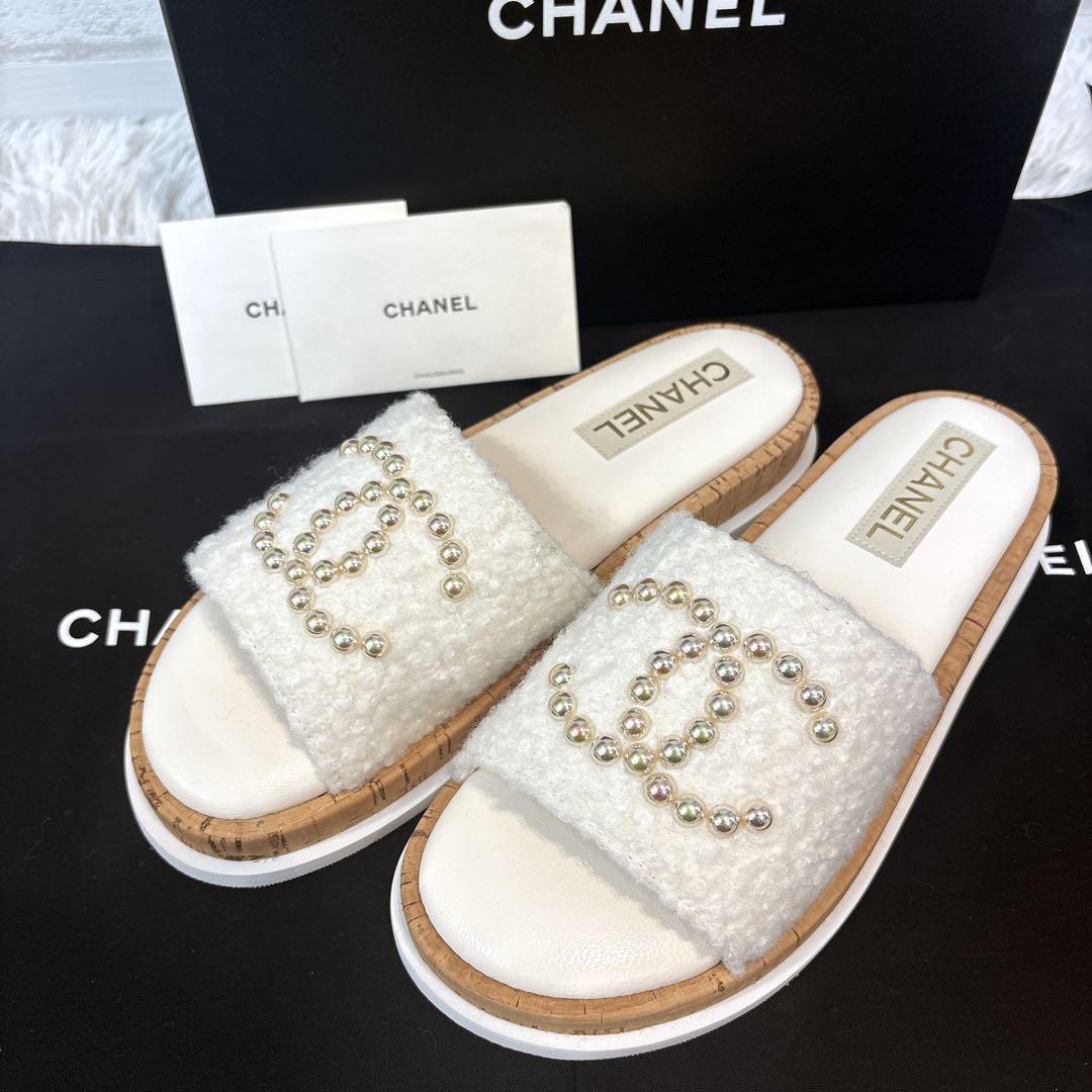 【未使用】　シャネル　パール　ココマーク　ツイード　フラットサンダル　24S