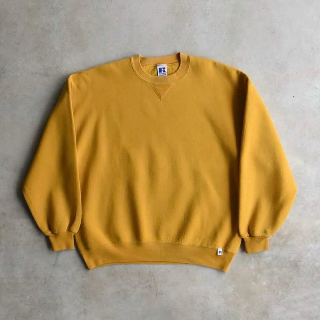 90s RUSSELラッセル 無地スウェット イエローUSA製 XL レアカラー