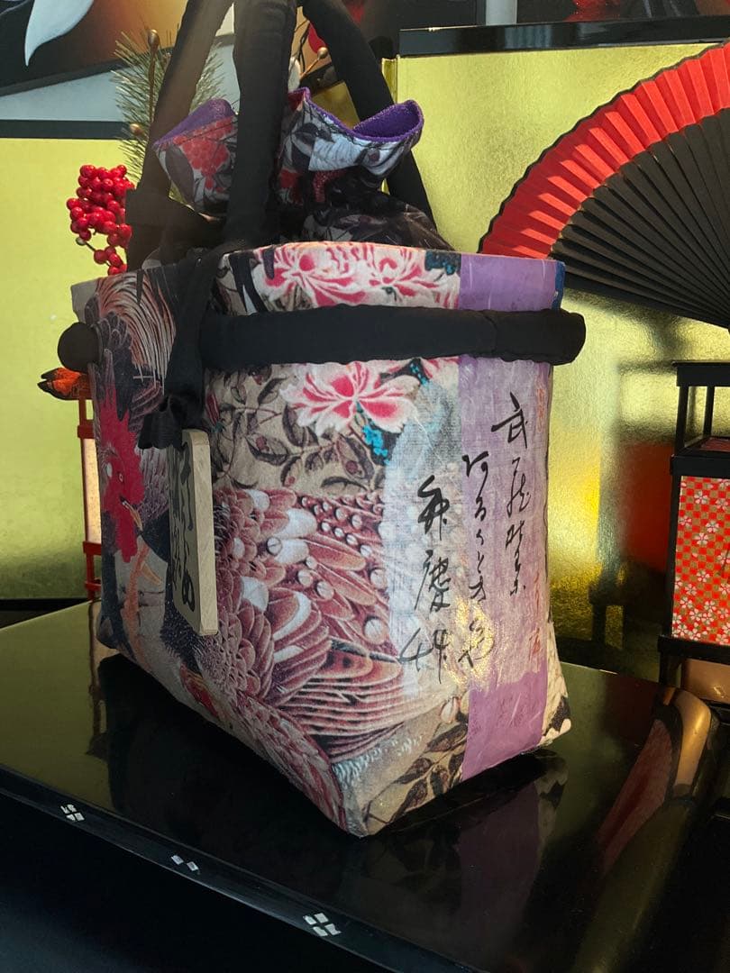 一閑張り　一閑張りバッグ　古文書　和紙　大正　着物　竹籠 伊藤若冲　紫陽花双鶏図