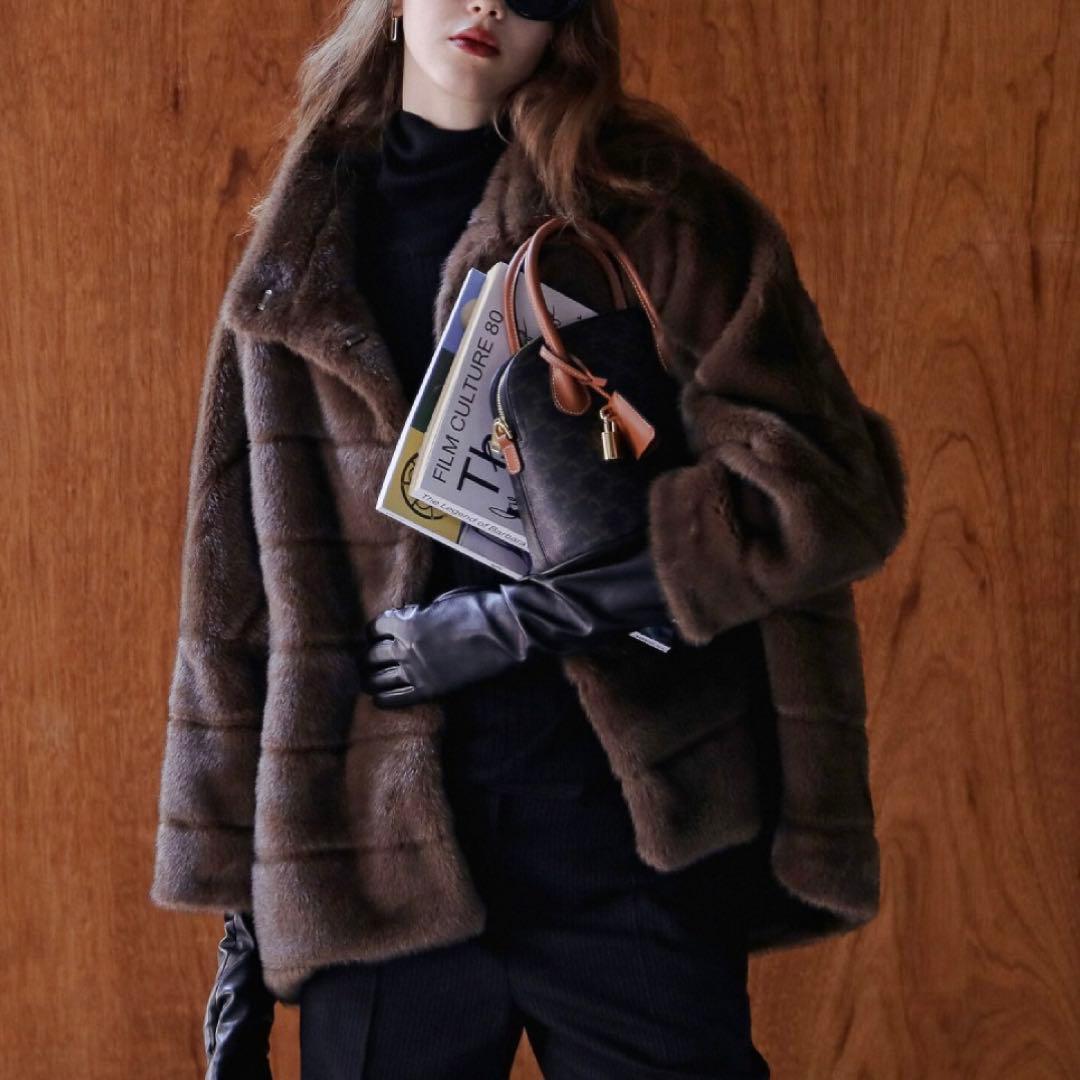 QTUME クチューム ミンクライク ファーブルゾン ブラウン