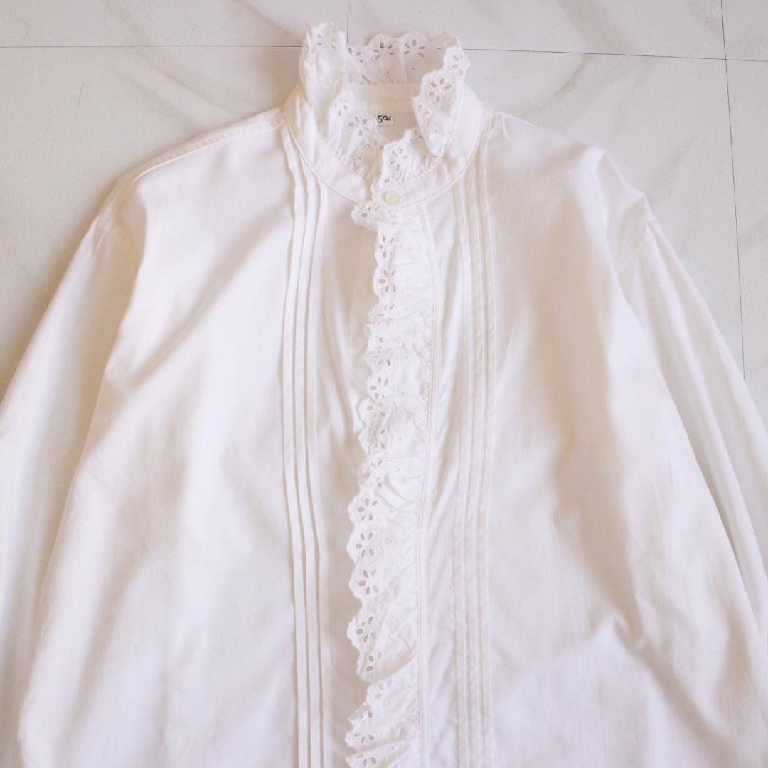 45R 薄オックスのフリルブラウス Lサイズ ホワイト 現行タグ