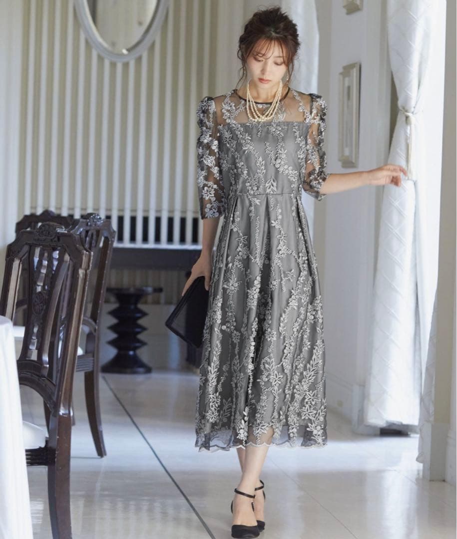 niana ニアナ 刺繍レース バックリボン パーティードレス ブラックM結婚式